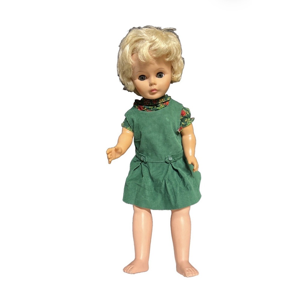 1960s Vintage 23" Walking Companion Doll, Needs REPAIRS, blonde. Green Jumper